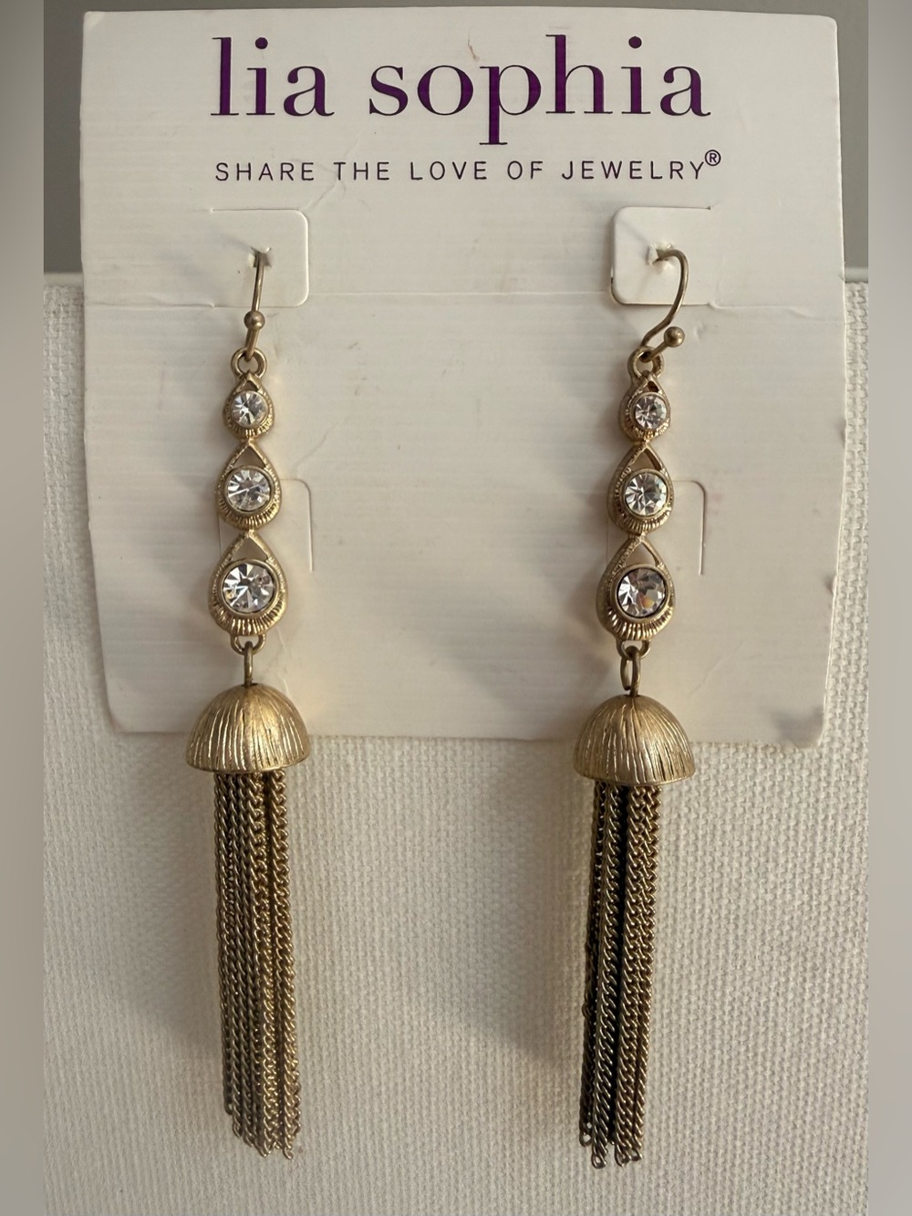 Lia Sophia Gold Crystal Earrings with Dangle Chains